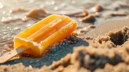Close up of a Light Orange popsicle in the sand, beautiful vacation background
