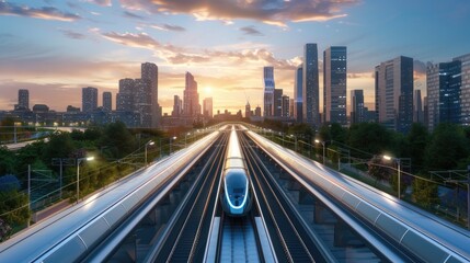 Fototapeta premium High-speed train network interface futuristic, maglev technology across an urban landscape 