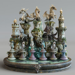 Fototapeta premium A fantasy chess set with dragon and castle pieces. The set is arranged on a checkered board with a stone and waterfall backdrop.
