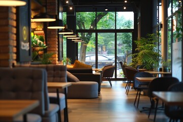 Modern cafe interior with chairs and eating tables with sofa, panoramic window