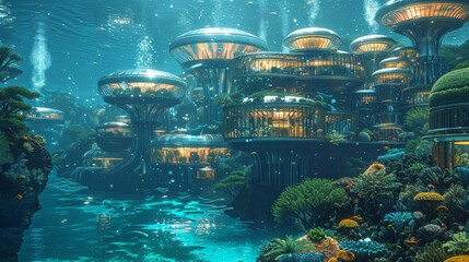 Futuristic underwater city: Design a futuristic underwater city with advanced architecture and marine life. Focus on the harmony between technology and nature. 