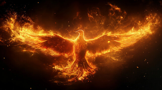 A fiery phoenix bird with wings spread wide against a dark background.