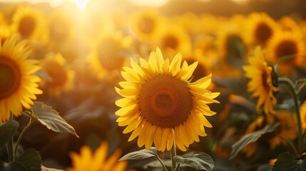 Fototapeta premium Sunflower Field with Sunsets: A Golden Hour Photography Scene