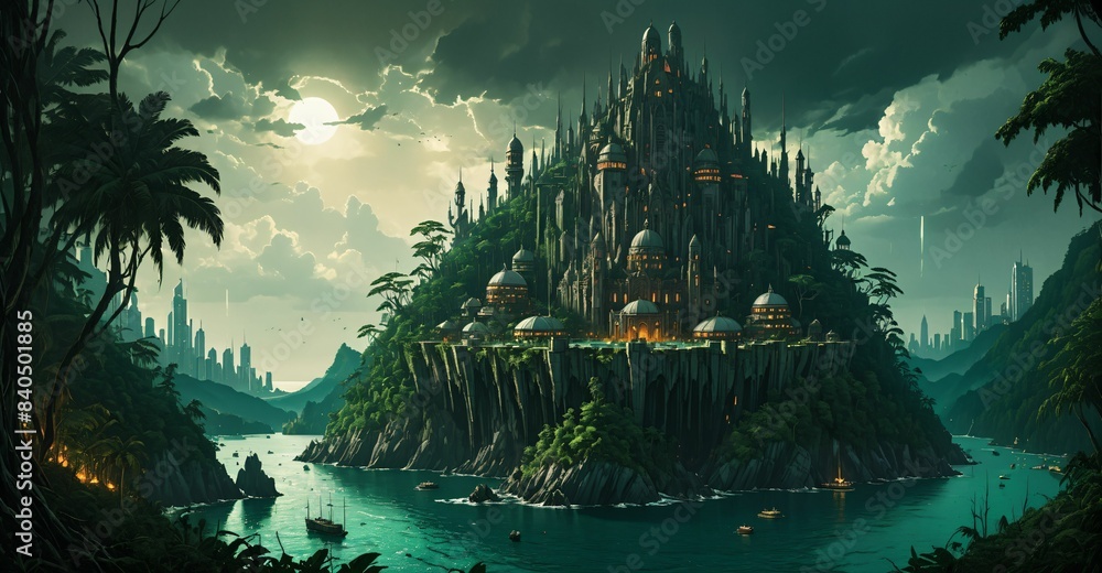 Canvas Prints gothic cyberpunk city base island forest surrounded by ocean sea water. goth futuristic sci-fi town  - Canvas Prints