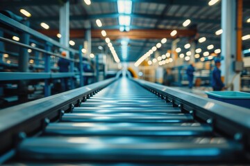 Photo of an industrial factory with a conveyor belt, workers in the background, clear blue tones, concept of modern production line