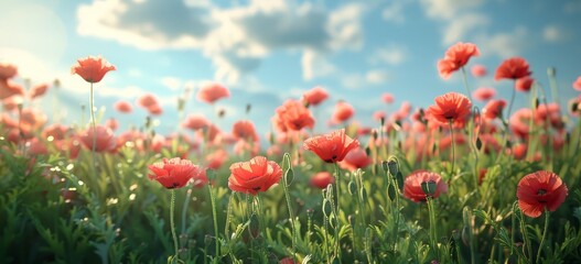 Fototapeta premium Nature's Bouquet: A Field of Flowers in Full Bloom under a Clear Sky