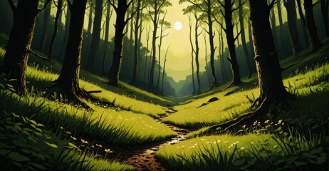 trees in nature woods forest park valley meadow on summer day. evergreen path foliage green tree fauna landscape.