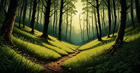 trees in nature woods forest park valley meadow on summer day. evergreen path foliage green tree fauna landscape.