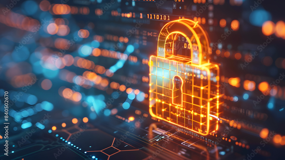 Poster secure cybersecurity symbol: dark blue wireframe shield with checkmark for protection. concept cyber