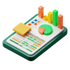 A mobile phone with a spreadsheet and graphs on the screen isolated on transparent background