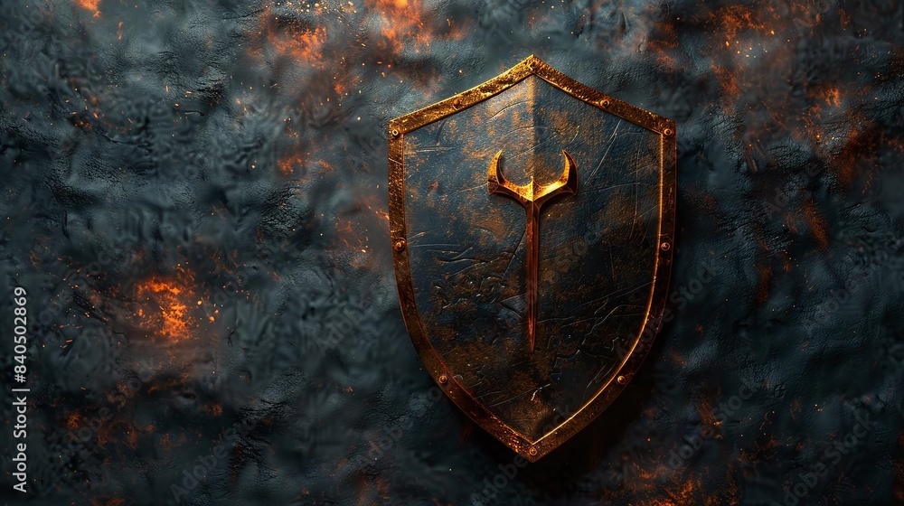 Poster a realistic shield symbol with textures in the upperright third of the frame on a digital background