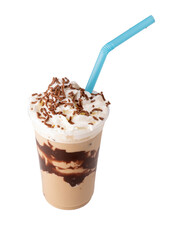 iced coffee with cold brew chocolate syrup with whipped cream chocolate sprinkles blue straw top view
