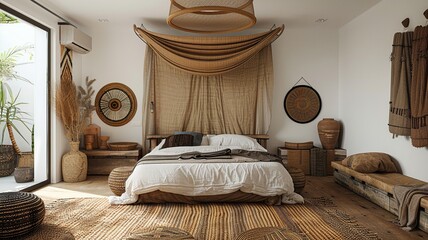 This image highlights an elegant and sophisticated modern African bedroom, featuring a luxurious four-poster bed adorned with flowing silk drapes, exuding contemporary charm and style.