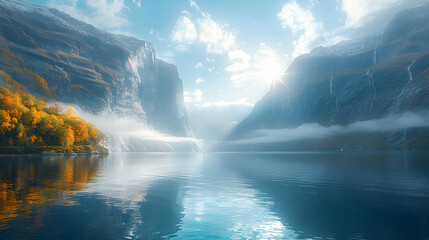 A majestic nature fjord with towering cliffs and clear blue water, the sunlight creating a stunning contrast