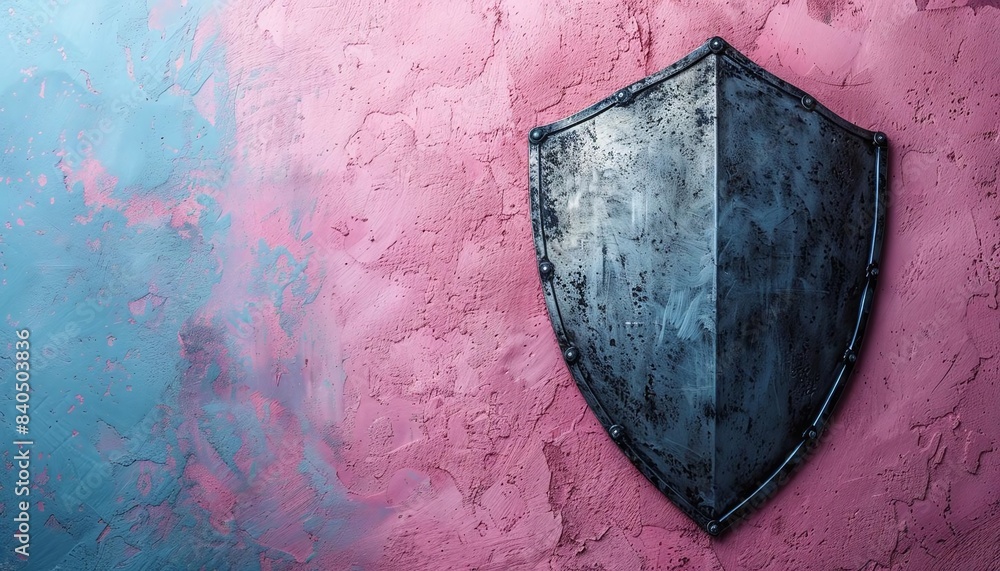 Poster a single flat shield symbol in the upperright third with a pastel gray background