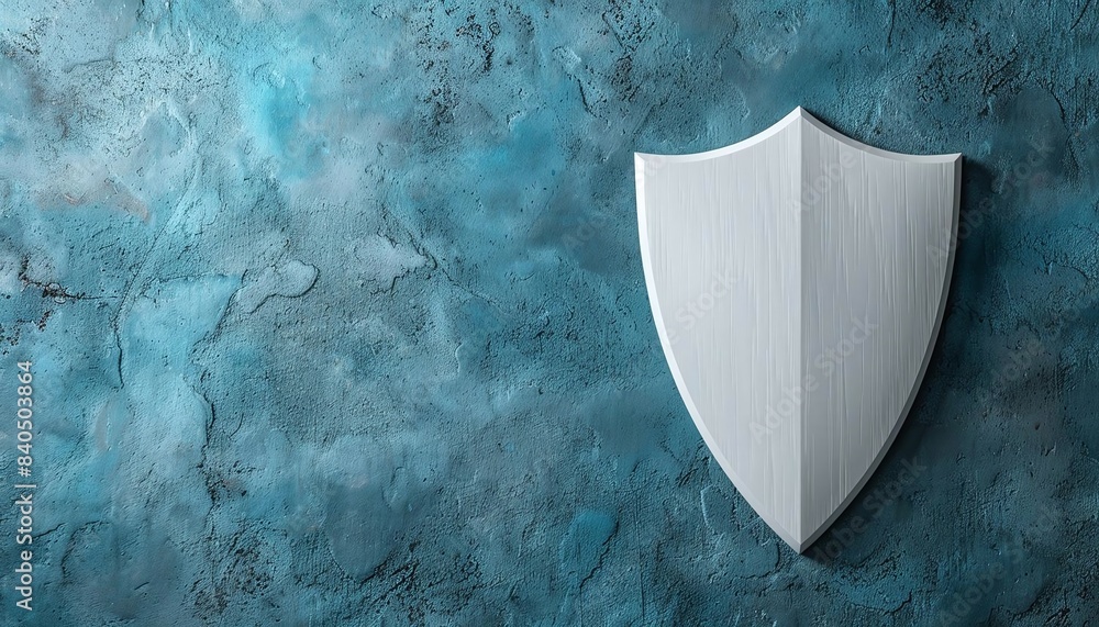 Poster a single flat shield symbol in the upperright third with a pastel gray background