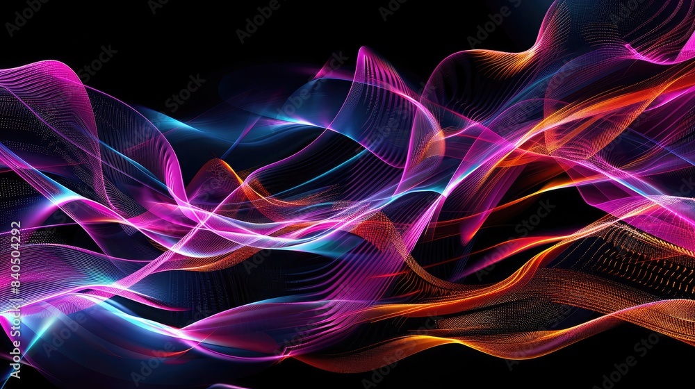 Poster abstract black background with neon-colored lines and shapes, adding a vibrant and modern contrast
