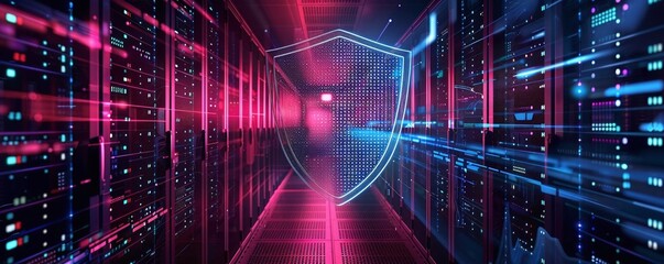 A data protection icon with textures in the upperleft third against a server room background
