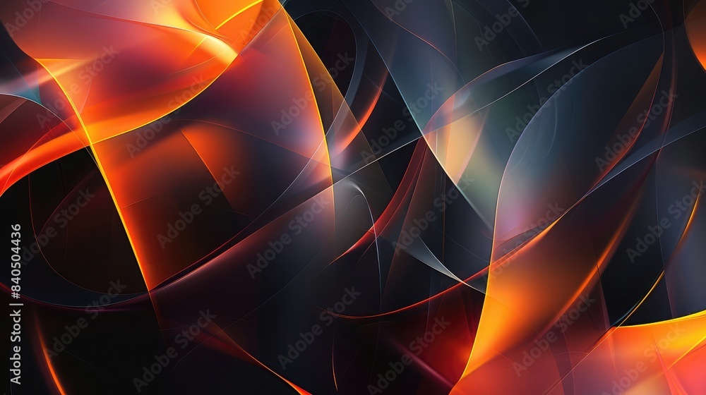 Poster abstract black background with overlapping translucent shapes and light effects, giving a futuristic
