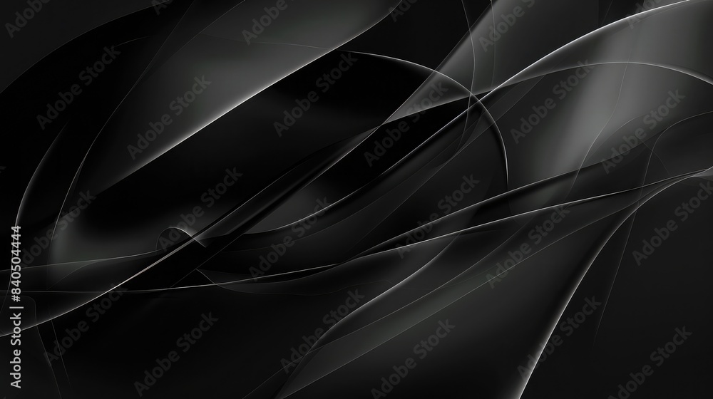 Poster abstract black background with overlapping translucent shapes and light effects, giving a futuristic