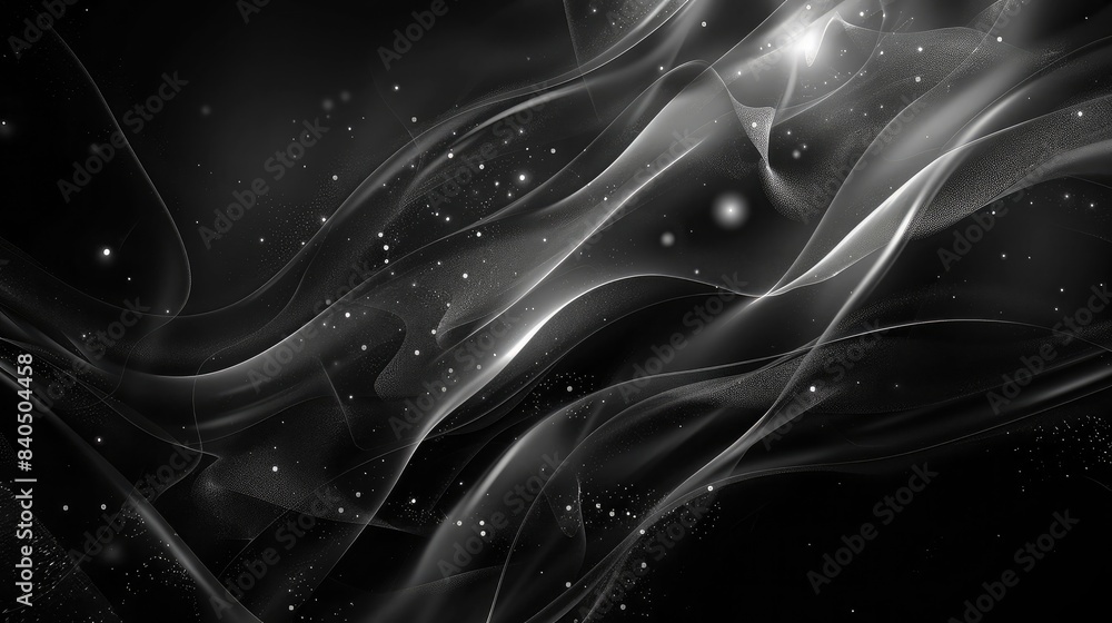 Poster abstract black background with overlapping translucent shapes and light effects, giving a futuristic