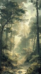 Fototapeta premium Ethereal Enchanted Forest: Tranquil Fantasy Landscape Bathed in Mystical Light