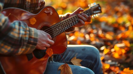 Man playing guitar in the fall. The man is wearing a plaid shirt and jeans. He is sitting on a rock in the woods. - Powered by Adobe