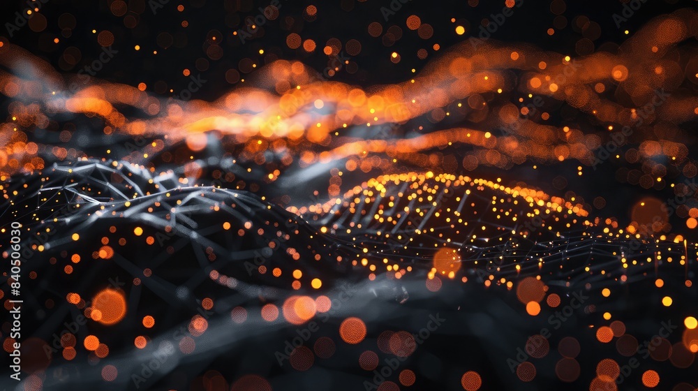 Poster black background with scattered, glowing particles and light trails, creating a dynamic and energeti
