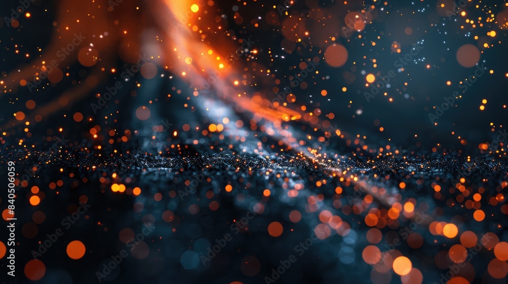 Poster black background with scattered, glowing particles and light trails, creating a dynamic and energeti