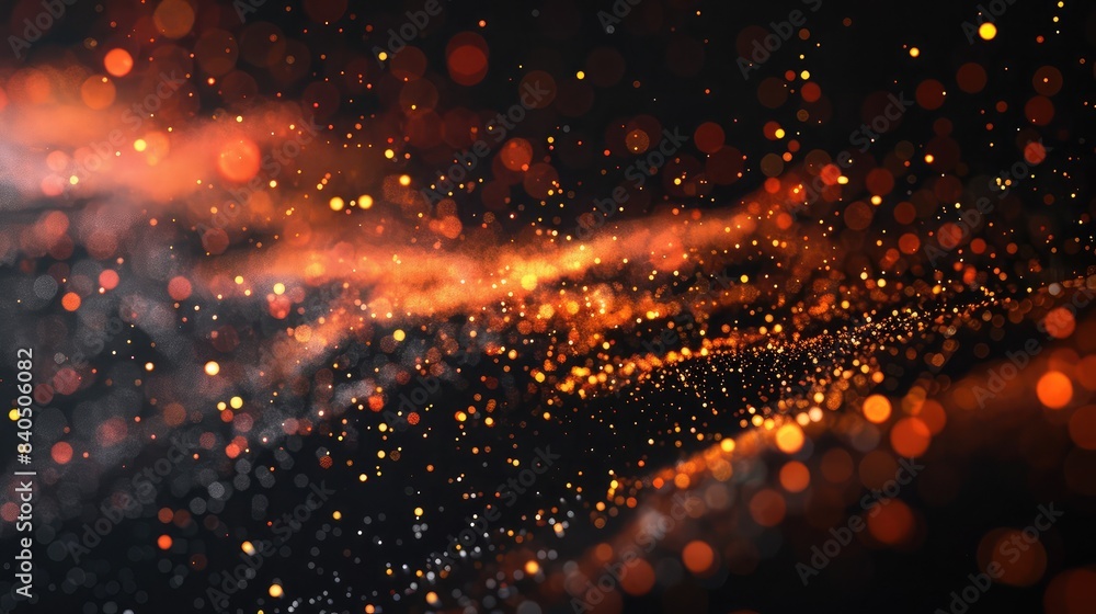Poster black background with scattered, glowing particles and light trails, creating a dynamic and energeti