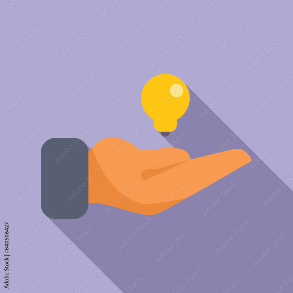 Poster flat design vector of an open palm with a glowing light bulb symbolizing idea creation