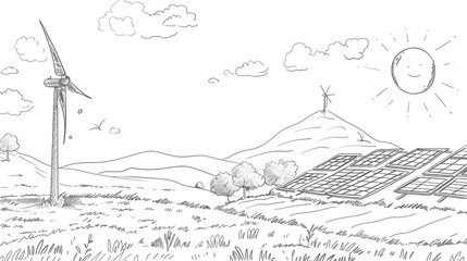 Line Art of Wind Farm and Solar Panels in Serene Natural Landscape