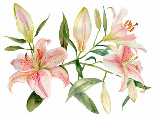 Obraz premium Watercolor Luxurious open lilies with buds and half-opened flowers and several leaves