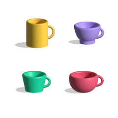Set of colorful cups.3D cute cup for drinks in pastel fun colors isolated on white background.