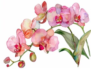 Watercolor Luxurious open orchid with buds and half-opened flowers and several leaves