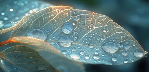 Close-up of a raindrops-studded autumn leaf, highlighting the intricate details and natural beauty.
