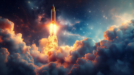 A rocket is flying through the sky with a bright orange flame trailing it