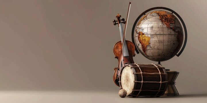 music instruments and globe background.