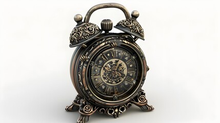 Intricate Vintage Metallic Alarm Clock with Ornate Details on White Background