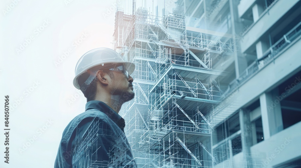 Poster building engineer superimposed with construction materials and building frameworks, showcasing exper