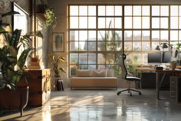 Industrial office interior with workspace and rest zone, panoramic window