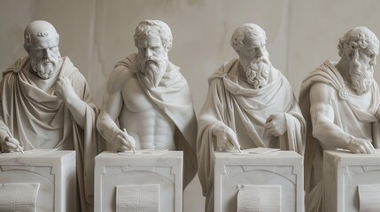 Four classical marble statues of bearded philosophers standing in a row, each holding a scroll, symbolizing wisdom and knowledge.