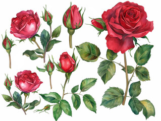 Watercolor Luxurious open roses with buds and half-opened flowers and several leaves