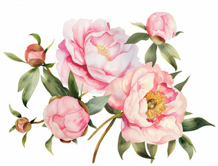 Watercolor Luxurious open peonies with buds and half-opened flowers and several leaves