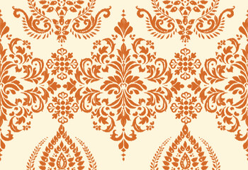 Abstract Traditional Scribble Style Hand Drawn Ikat Seamless Vector Pattern Trendy Fashion Colors Perfect for Allover Fabric Print or Wall Paper Damask Ethnic Concept Bright Orange White Tones