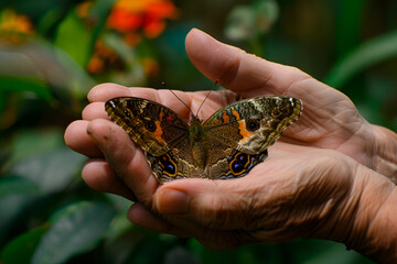 Hands Holding a Beautiful Butterfly in Natural Setting