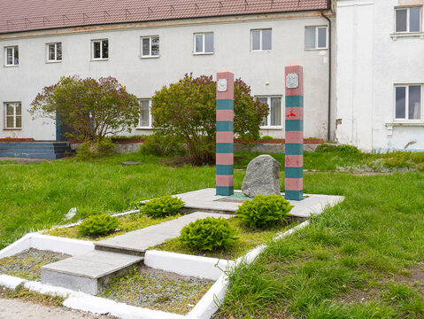 Baltiysk, Russia: April 21 2024 - memorial to the 100 years anniversary of Russian border guards. Border posts and the memorial stone. 
