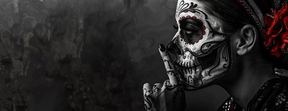 Woman in profile with elaborate skull face paint, silent shh hand signal, dark and moody backdrop, digital illustration, perfect for Halloween imagery