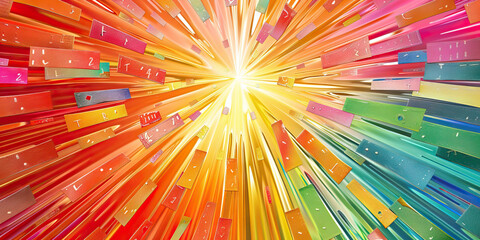 Sale Spectral Burst: Abstract burst of colorful sale tags and banners radiating outward like rays of light