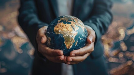 Fototapeta premium Close-up of business hands holding a globe, symbolizing global trade and economic interconnectedness
